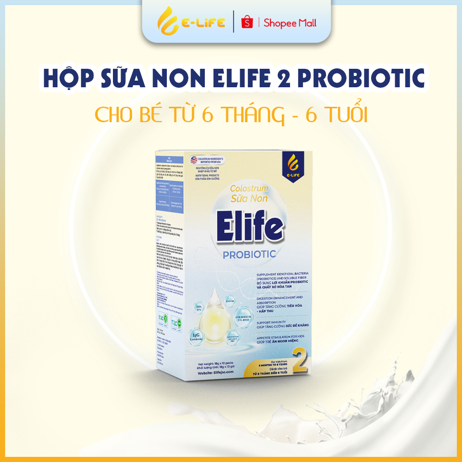 Sữa non ELIFE 2 PROBIOTIC hộp 12 gói cho trẻ và bé ăn ngon ngủ ngon, hết táo bón tiêu hóa khỏe, tăng đề kháng, chiều cao