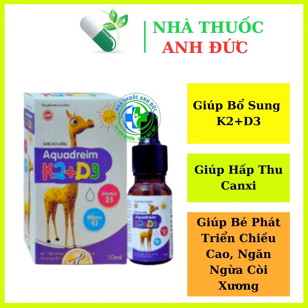 Aquadreim giúp bổ sung K2+D3 tăng Hấp Thu Canxi, Phát Triển Chiều Cao, Ngăn Ngừa Còi Xương - giọt lọ