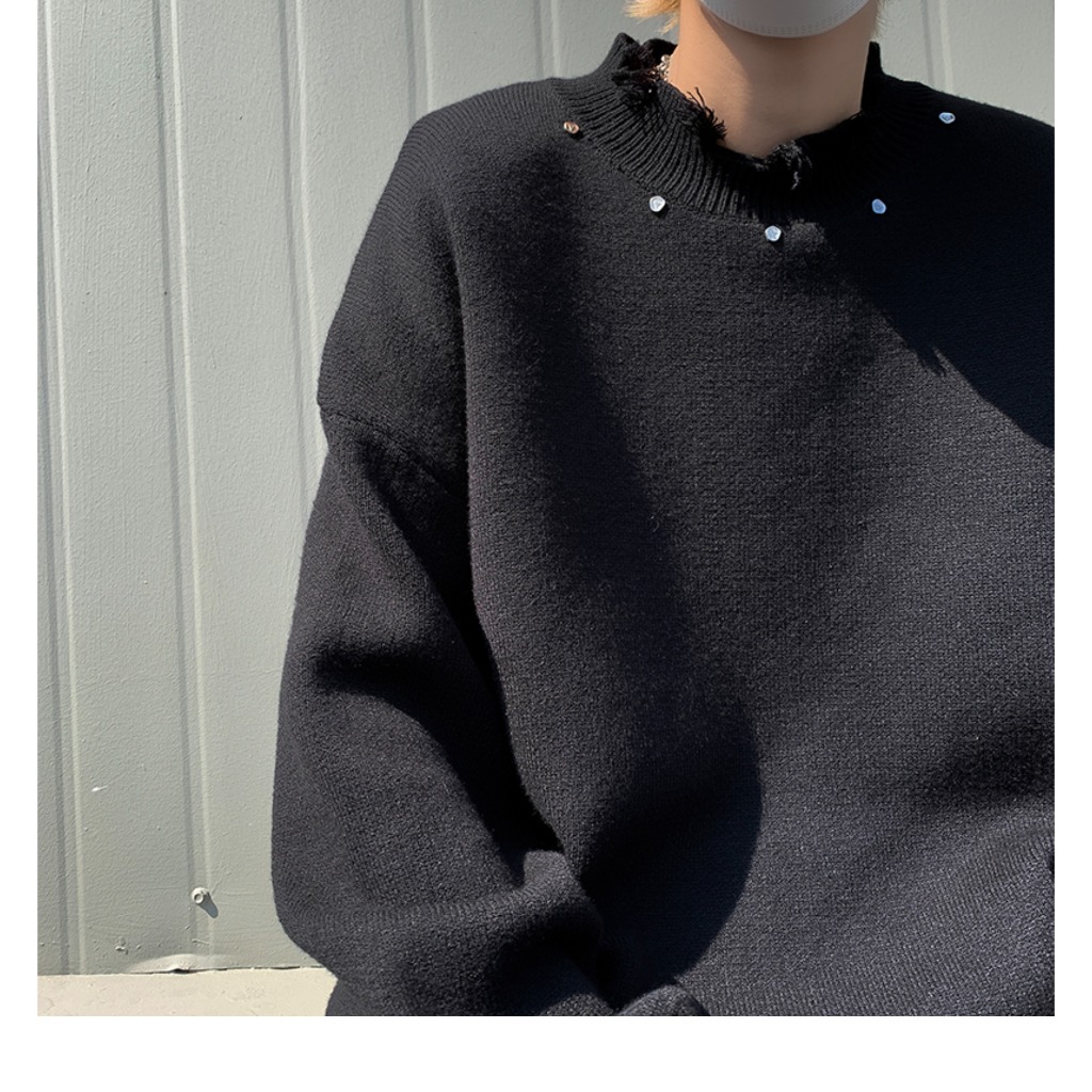 Áo len nam nữ unisex dáng oversize đính kim loại, Sweater nam nữ unisex oversize tưa viền cổ phong cách đường phố Mỹ 050