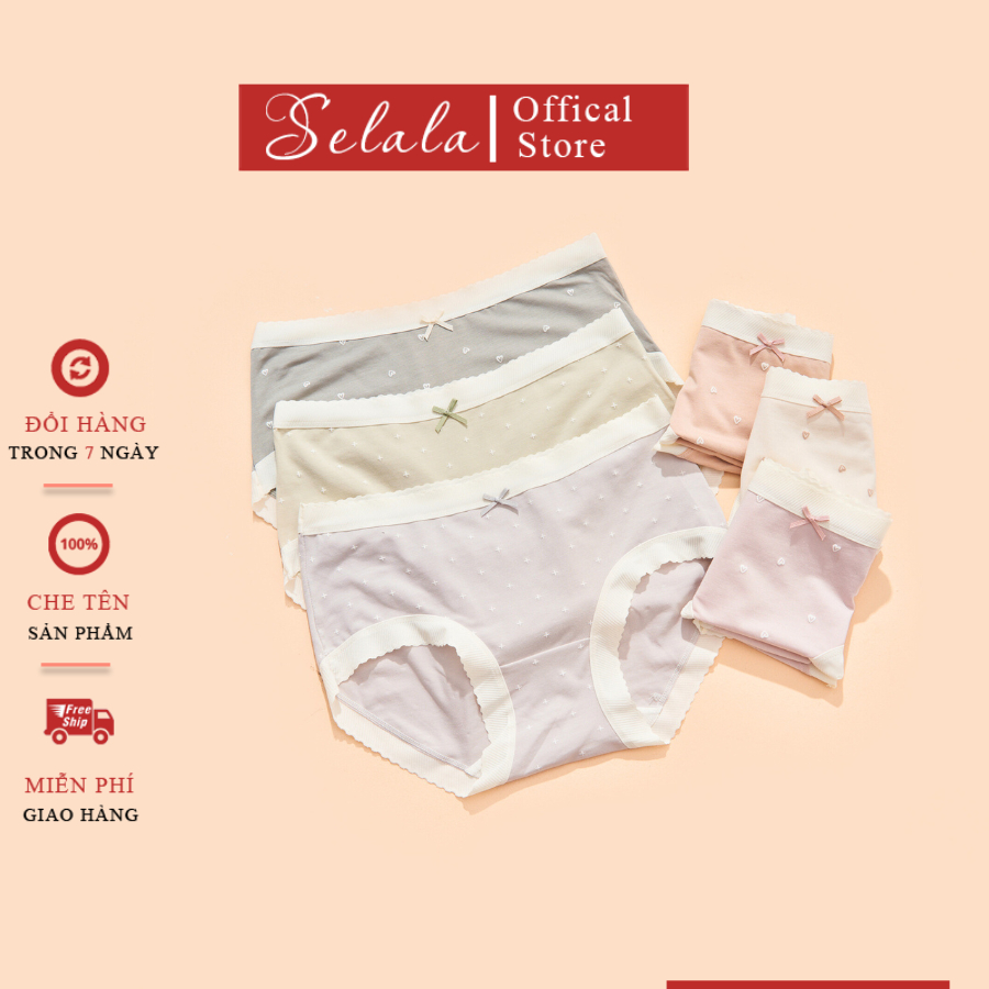 Quần Lót Cotton Nữ Selala Chất Mềm Mịn Thoáng Mát Họa Tiết Tim Siêu Xinh Viền Sóng Không Hắn QC50