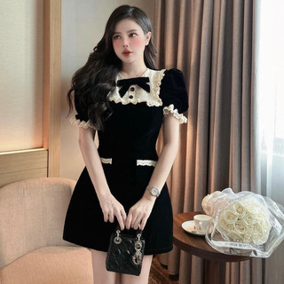Váy Nhung Tay Bồng Phối Ren Nơ Ngực Tiểu Thư (kèm ảnh thật )