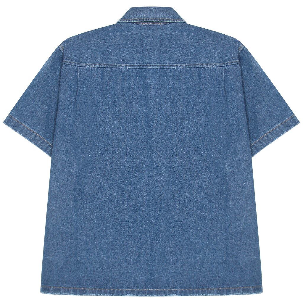 Áo sơ mi jean tay ngắn unisex local brand HUGU - TRANYI - vải denim, form boxy, tag kim loại gắn trên túi áo