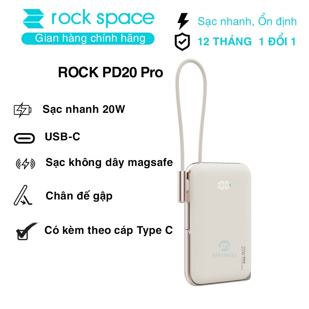 Pin sạc dự phòng không dây Rockspace P20 Pro PD20W Magnetic Holder Wireless tích hợp cáp TypeC dung lượng 10000mAh