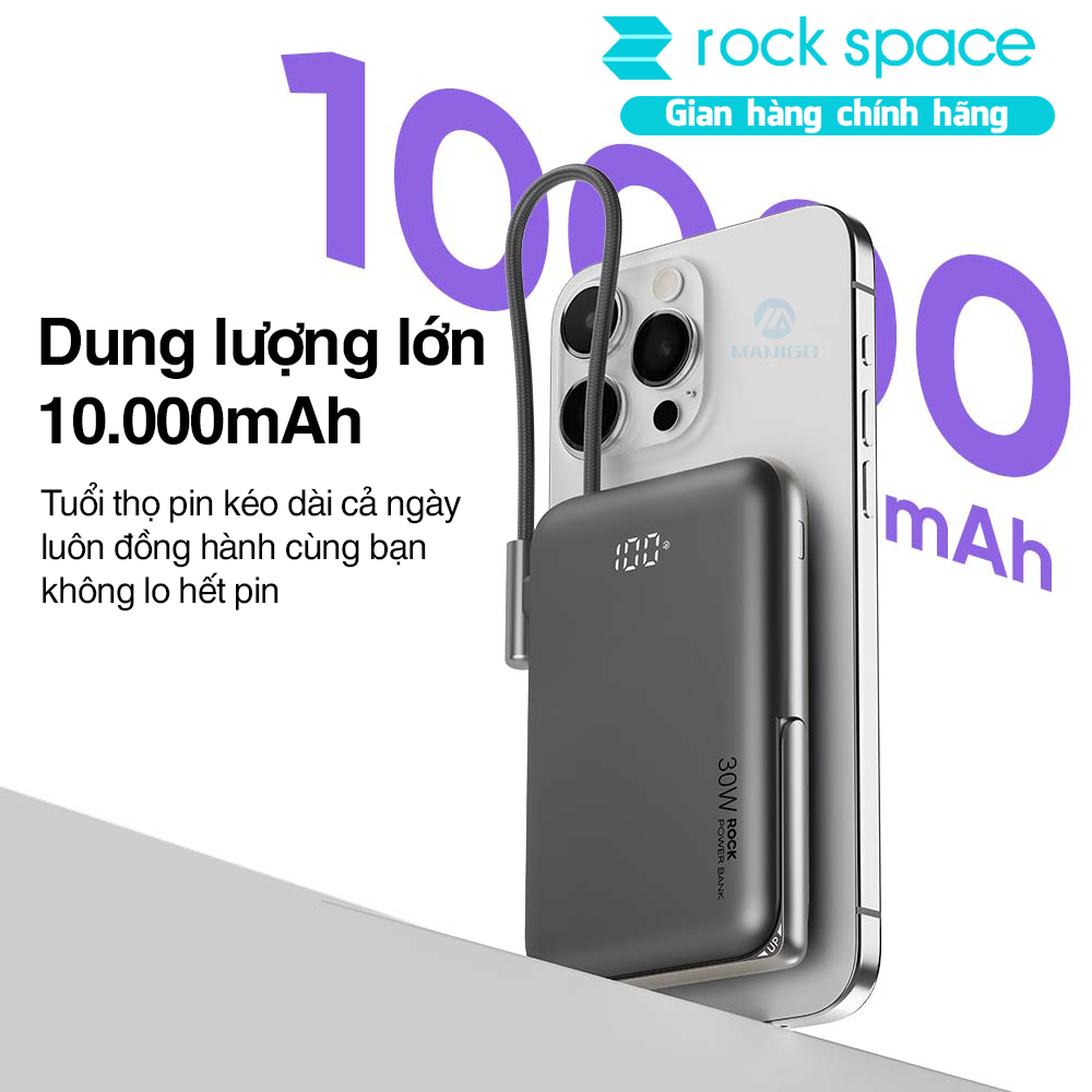 Pin sạc dự phòng không dây Rockspace P20 Pro PD20W Magnetic Holder Wireless tích hợp cáp TypeC dung lượng 10000mAh