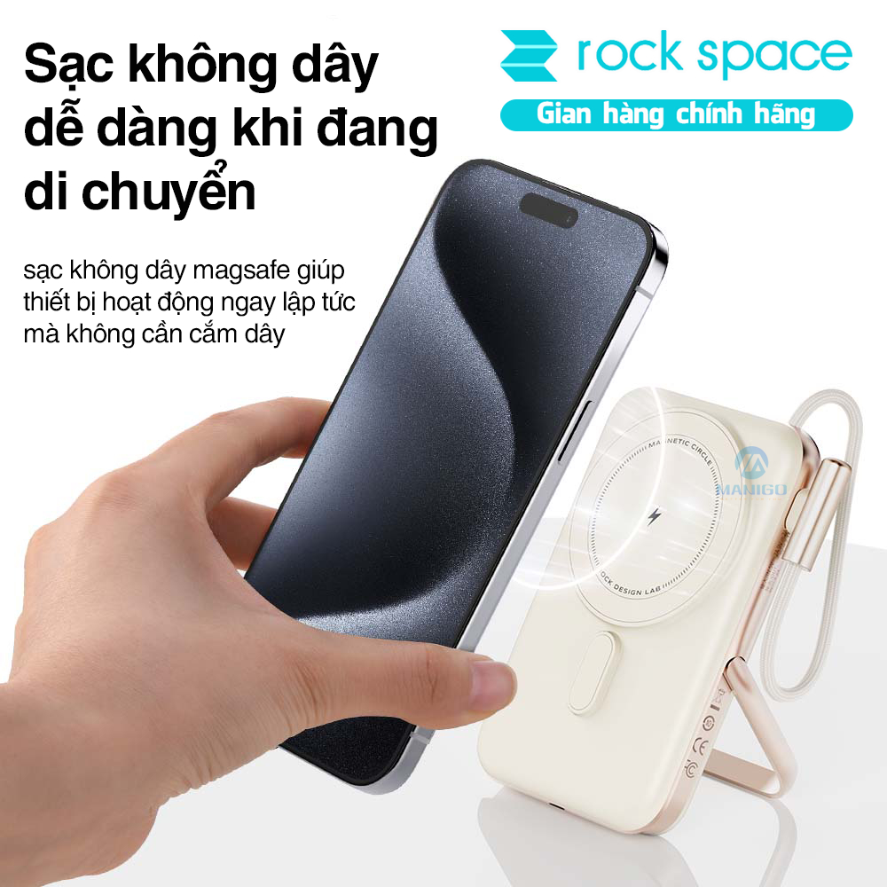 Pin sạc dự phòng không dây Rockspace P20 Pro PD20W Magnetic Holder Wireless tích hợp cáp TypeC dung lượng 10000mAh