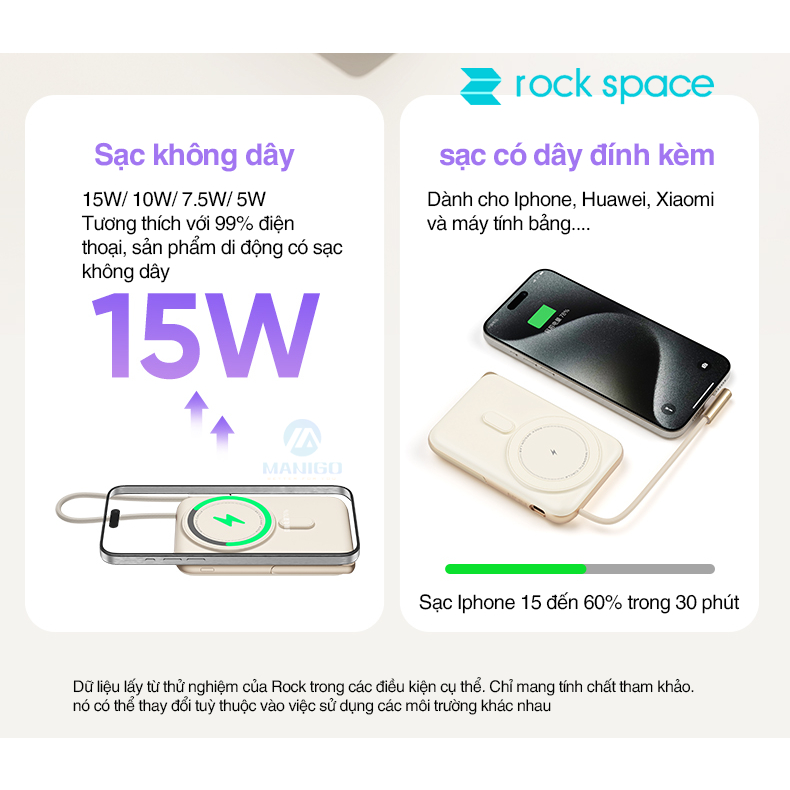 Pin sạc dự phòng không dây Rockspace P20 Pro PD20W Magnetic Holder Wireless tích hợp cáp TypeC dung lượng 10000mAh