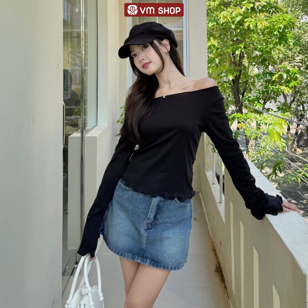 Áo thun nữ VM Shop dáng dài form ôm tay dài ống loe cuốn biên thời trang 37203 ATU00576