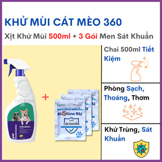 Giải pháp khử mùi cát mèo 360 - xịt khử mùi cát mèo + 3 gói men khử khuẩn cát mèo bioline - pussoul
