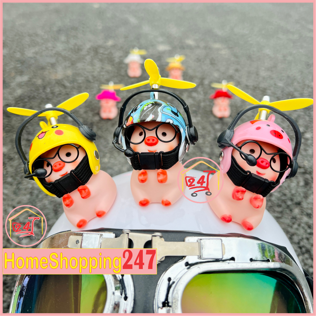 Heo dán mũ bảo hiểm, tặng miếng dán, kính, tai nghe. Heo gắn mũ bảo hiểm đội mũ chong chóng siêu cute. PHIÊN BẢN DÁN