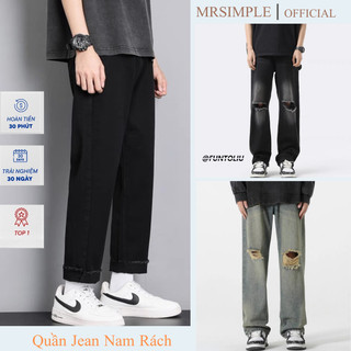 Quần jean nam đen rách gối ống suông rộng RG01, Quần bò rách nam cao cấp dáng baggy top xu hướng hàn quốc Rabbit 2023
