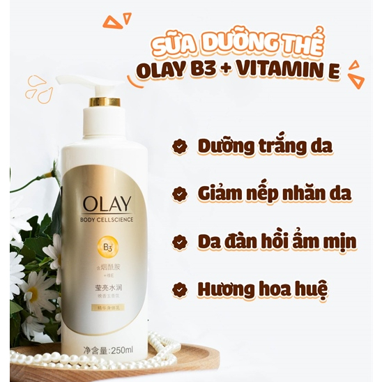 Dưỡng Thể OLAY Body Cellscience B3+ Vitamin E Siêu Trắng Da 250ML