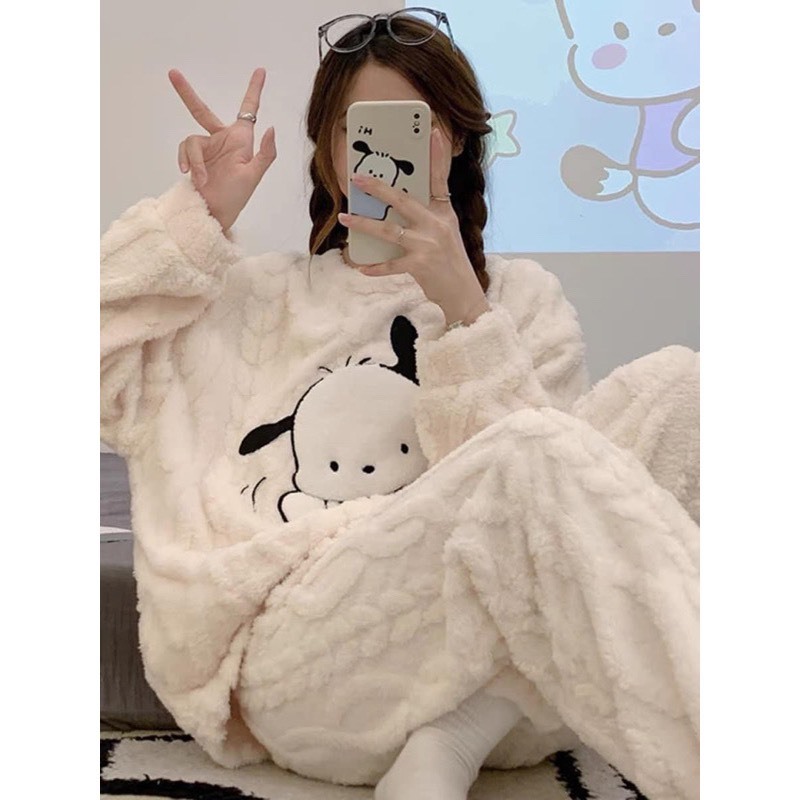 Bộ Đồ Ngủ Bông Pyjama Chất Lông Cừu San Hô Dày Dặn Hình Gấu Thời Trang Thu Đông 2023 Mới Cho Nữ