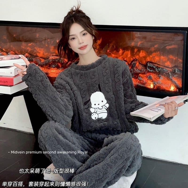 Bộ Đồ Ngủ Bông Pyjama Chất Lông Cừu San Hô Dày Dặn Hình Gấu Thời Trang Thu Đông 2023 Mới Cho Nữ