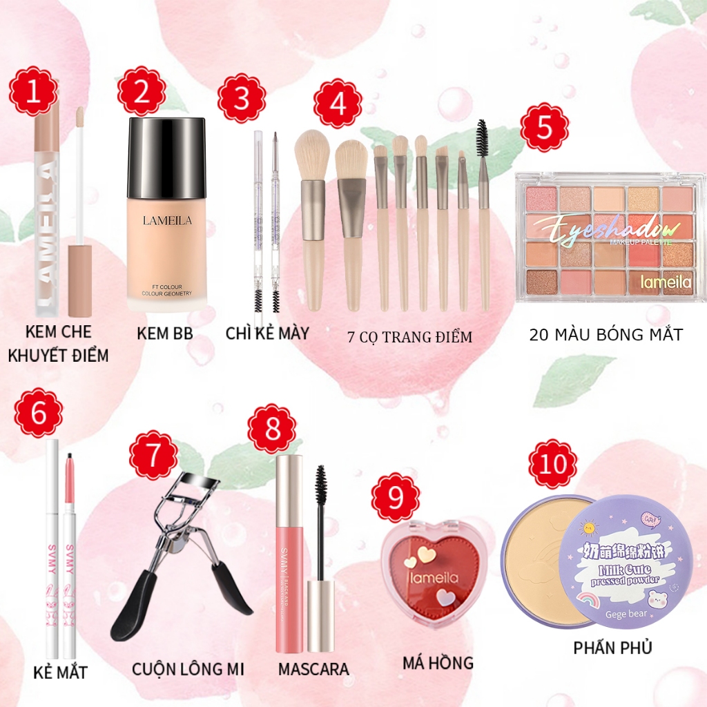 Bộ trang điểm đầy đủ LAMEILA 10 món makeup đầm nữ xinh Kem BB Phấn phủ Phấn mắt  Mascara Kẻ mày Kẻ mắt nước PS-T10-A01