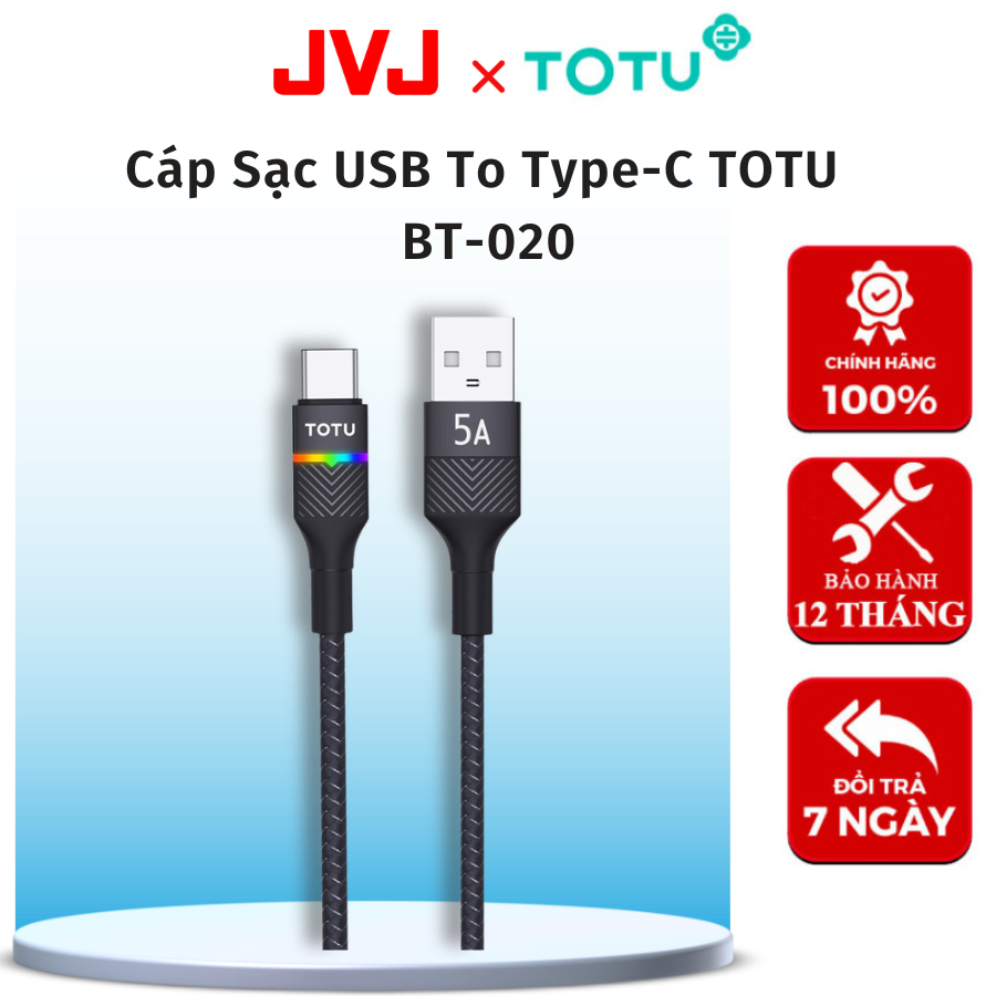 Cáp Sạc USB To Type-C TOTU BT-020 Cáp Dữ Liệu Ánh Sáng Thở Đầy Màu Sắc Chống Đứt Gãy Siêu Bền Chiều Dài: 1,5m