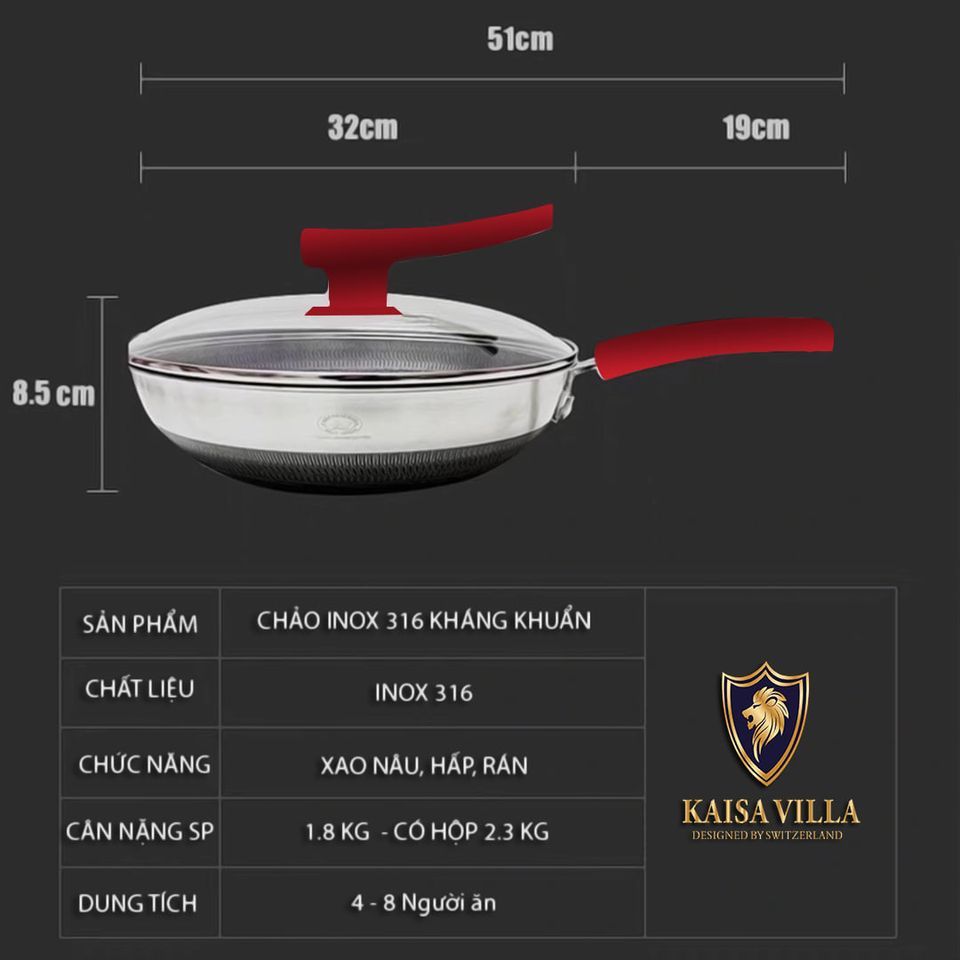 Bộ Chảo Hấp Inox Kaisa Villa KV-9988 Size 32cm Kèm Xửng Hấp Đáy Từ Dùng Được Cho Mọi Loại Bếp Chính Hãng