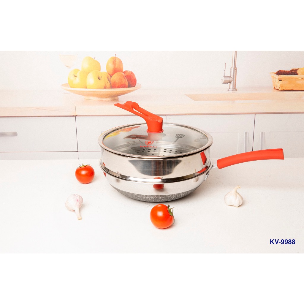 Bộ Chảo Hấp Inox Kaisa Villa KV-9988 Size 32cm Kèm Xửng Hấp Đáy Từ Dùng Được Cho Mọi Loại Bếp Chính Hãng