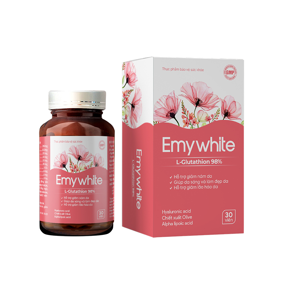 Viên uống EMYWHITE bổ sung Glutathion 98%, L-Cystin giúp giảm nám, tàn nhang, chống lão hóa, làm trắng da