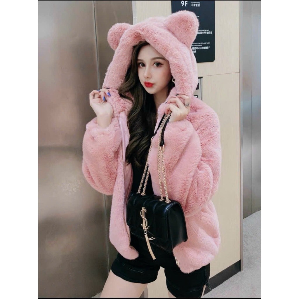 Áo khoác lông nữ quả bông ulzzang tai gấu siêu đáng yêu lông mềm mịn ấm áp