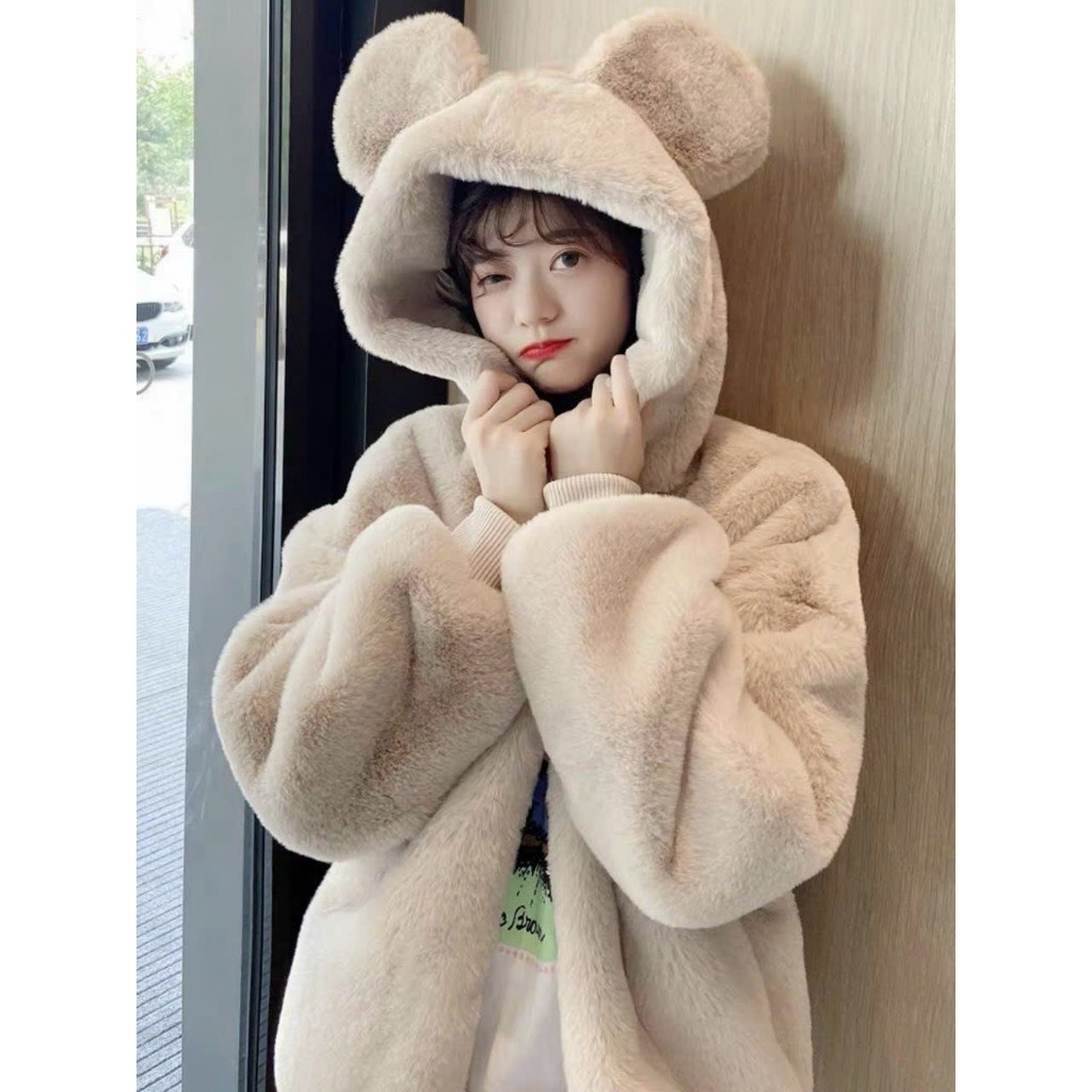 Áo khoác lông nữ quả bông ulzzang tai gấu siêu đáng yêu lông mềm mịn ấm áp