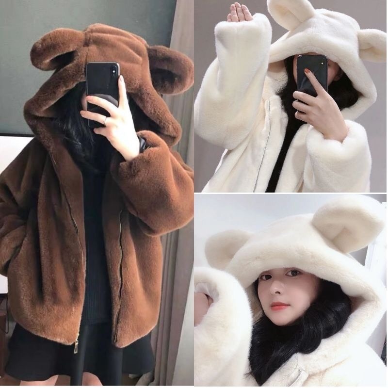 Áo khoác lông nữ quả bông ulzzang tai gấu siêu đáng yêu lông mềm mịn ấm áp