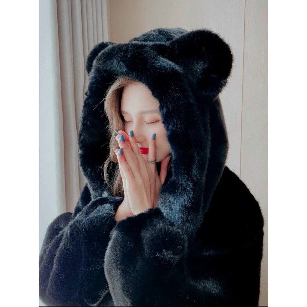 Áo khoác lông nữ quả bông ulzzang tai gấu siêu đáng yêu lông mềm mịn ấm áp