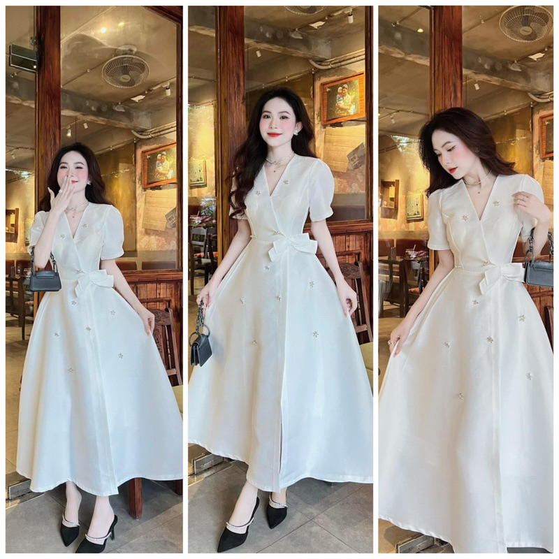 Đầm maxi trắng cổ V dài đắp chéo