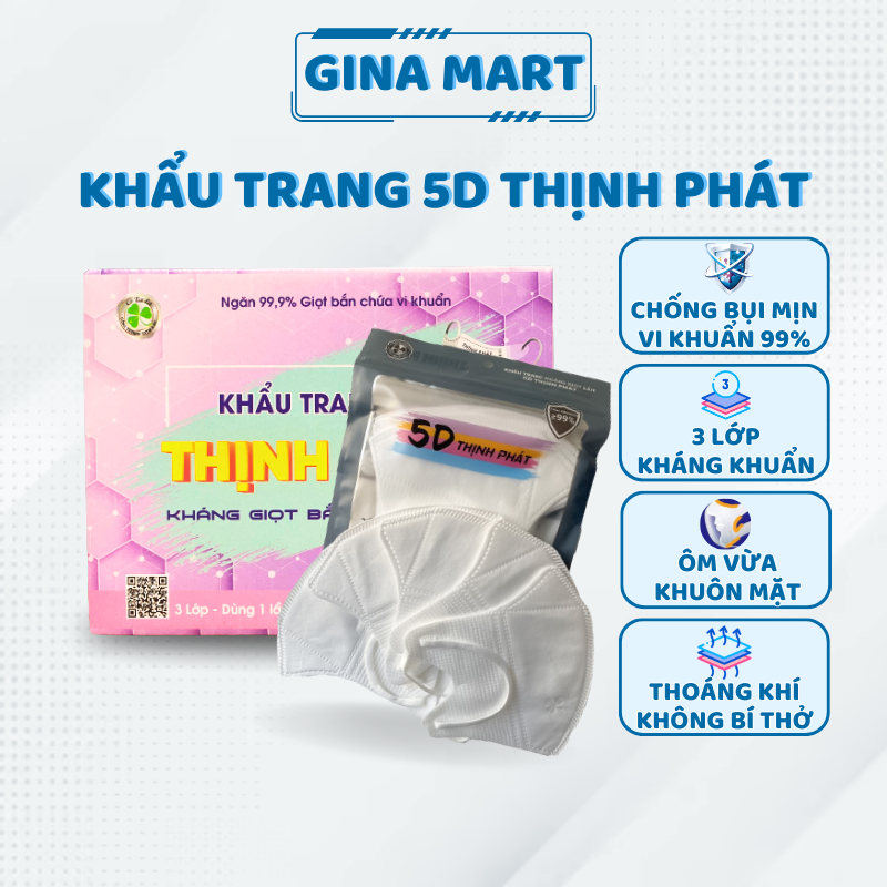 Khẩu trang Thịnh Phát khẩu trang 5D khẩu trang người lớn 3 lớp hộp 100 chiếc kháng khuẩn kháng giọt bắn tia UV - Gina