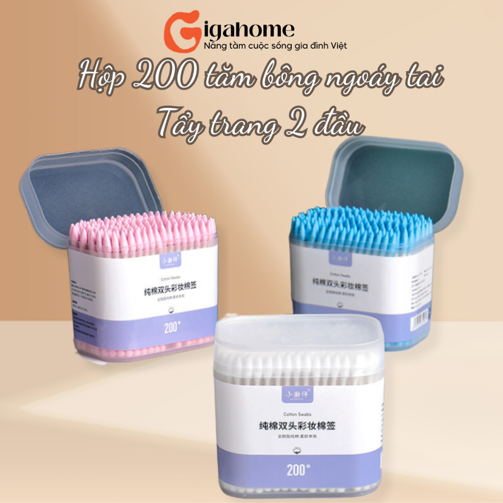 Hộp 200 Tăm Bông Ngoáy Tai, Tẩy Trang 2 Đầu GIGAHOMEVN Cho Cả Người Lớn, Em Bé 10975