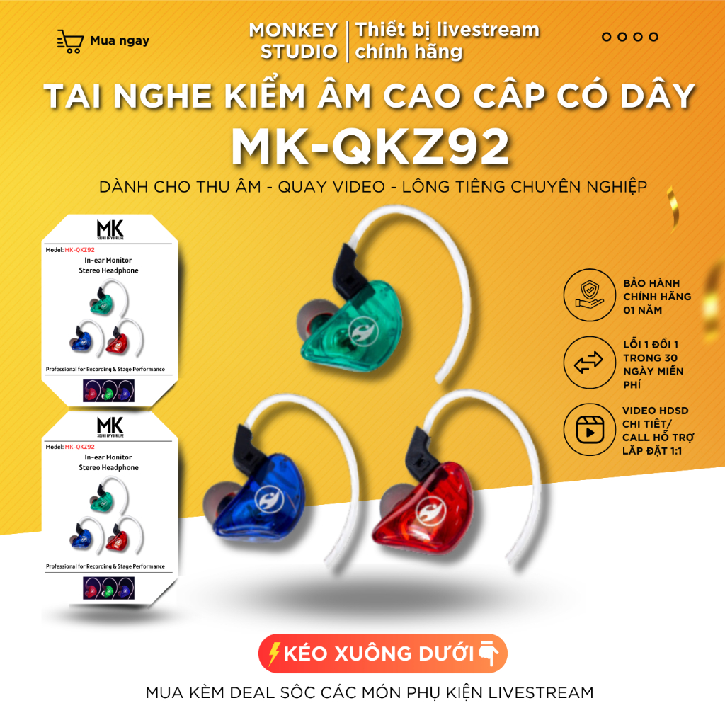 Tai Nghe Kiểm Âm, Nghe Nhạc, Chơi Game MK QKZ92 2023 Mới Nhất Âm Thanh Super Bass, Dây Chống Rối dài 2,5m