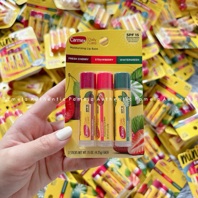 (BILL US) Set 3 Thỏi son dưỡng môi Carmex mùi Cherry, Dâu Tây, Bạc Hà SPF 15