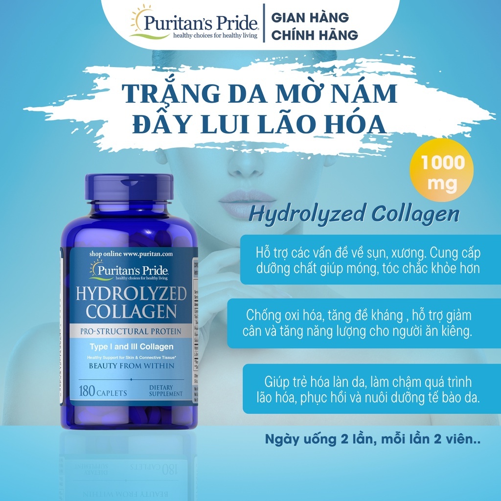 Collagen thủy phân giúp trắng da, mờ nám Collagen Puritan's Pride Hydrolyzed Collagen 1000mg 180 viên