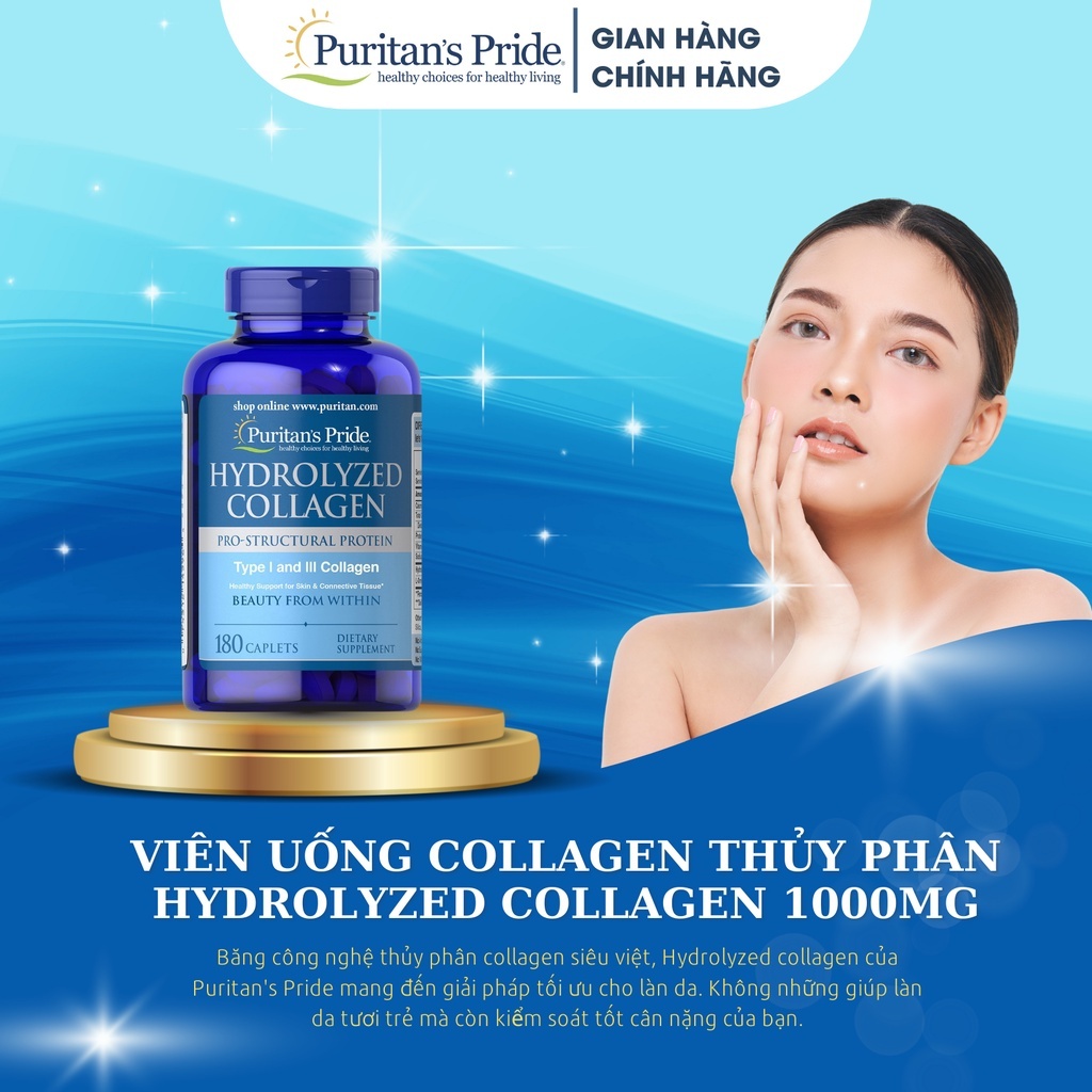 Collagen thủy phân giúp trắng da, mờ nám Collagen Puritan's Pride Hydrolyzed Collagen 1000mg 180 viên