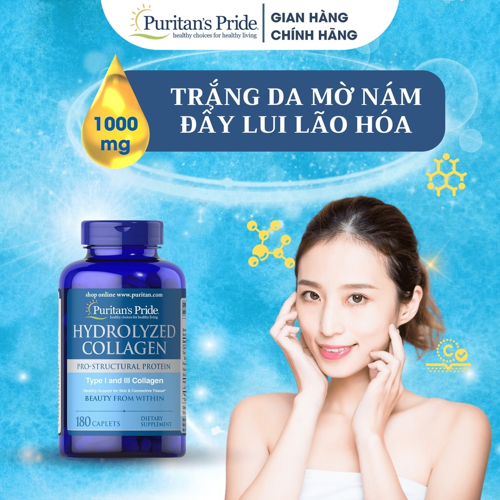 Collagen thủy phân giúp trắng da, mờ nám Collagen Puritan's Pride Hydrolyzed Collagen 1000mg 180 viên