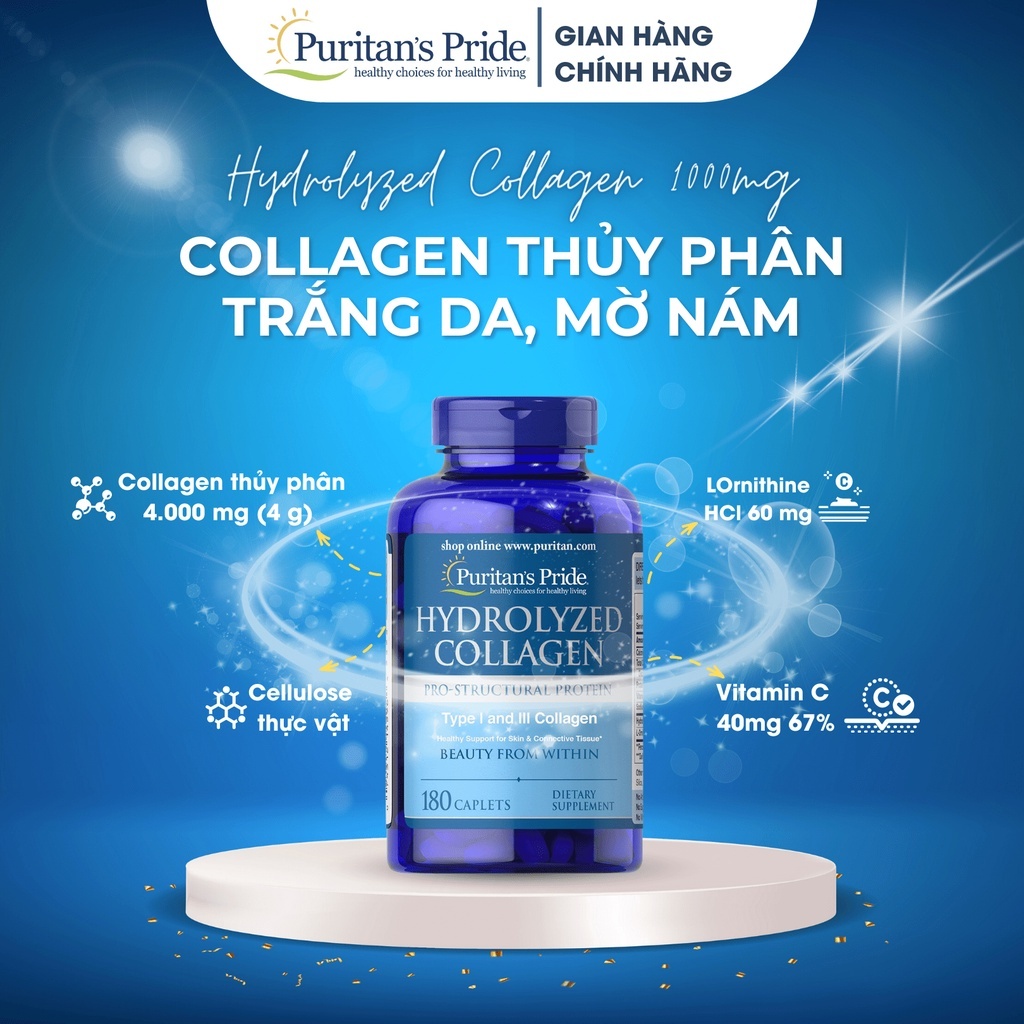 Collagen thủy phân giúp trắng da, mờ nám Collagen Puritan's Pride Hydrolyzed Collagen 1000mg 180 viên