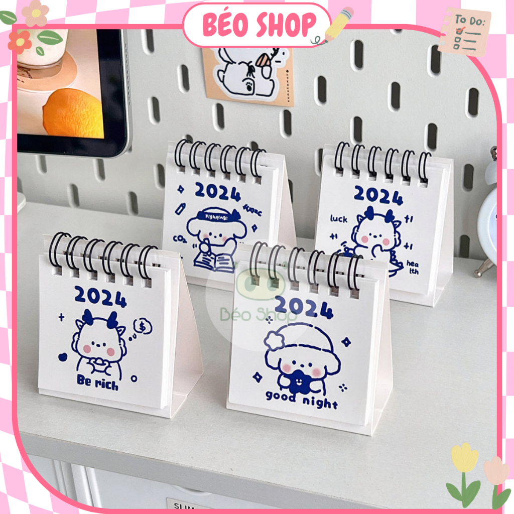 Lịch để bàn mini gáy lò xo 2024 Pkbeoshop cuốn lịch nhỏ cầm tay bỏ túi decor bàn học xinh xắn