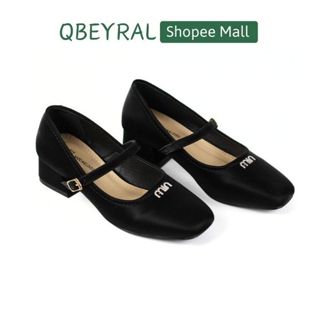 Giày búp bê mũi vuông Qbeyral giày cao gót đế vuông bít gót quai cài chữ MIN chất liệu da mềm mại cao 3 phân