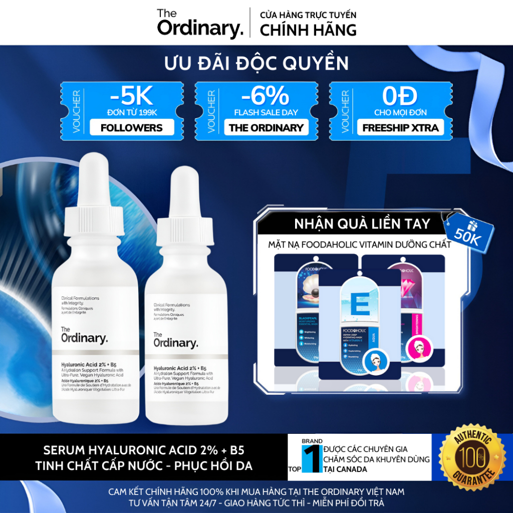 The Ordinary Hyaluronic Acid 2% + B5, Serum HA Cấp Nước, Tinh Chất Dưỡng Ẩm Hồi Phục Da Tăng Đàn Hồi 30/60ml