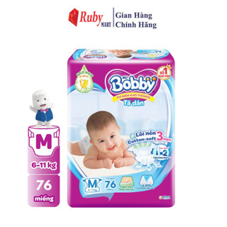 Tã dán Bobby M76/L68/XL62/XXL56 mới- Lõi nén cotton-soft 3mm