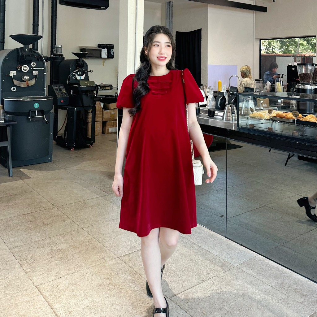 EVERMOM l Đầm bầu Shilla nhung đỏ kết nơ cổ liền tay bồng