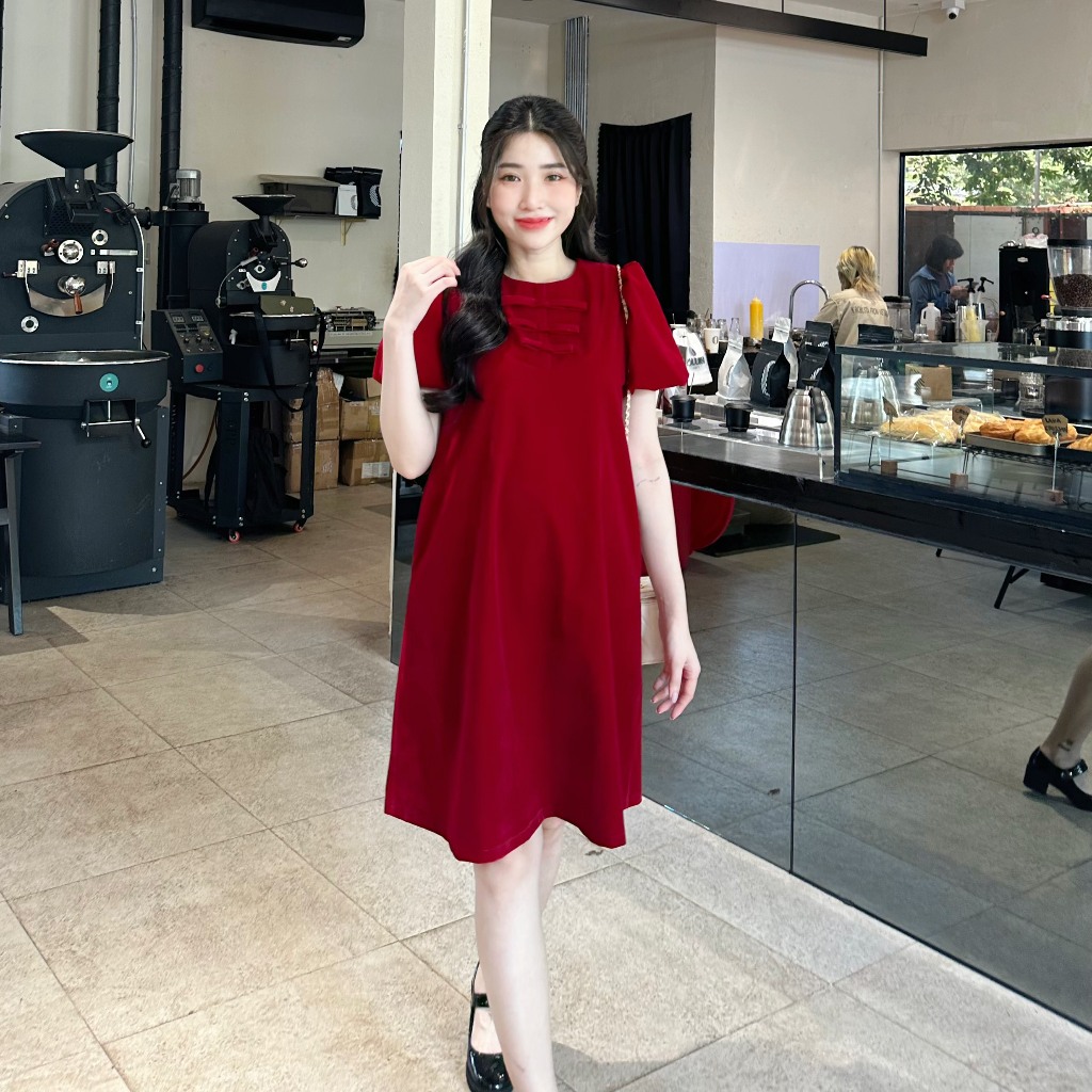 EVERMOM l Đầm bầu Shilla nhung đỏ kết nơ cổ liền tay bồng