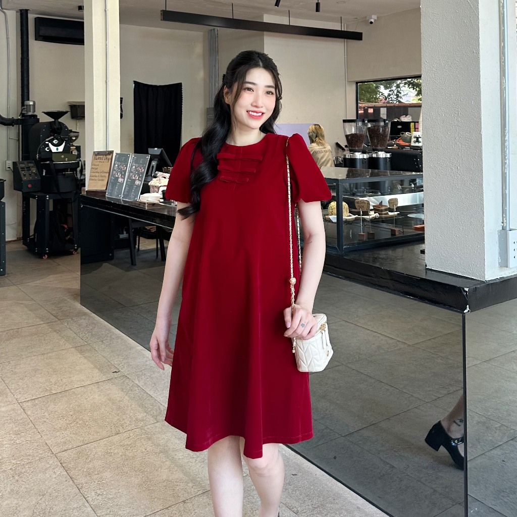 EVERMOM l Đầm bầu Shilla nhung đỏ kết nơ cổ liền tay bồng