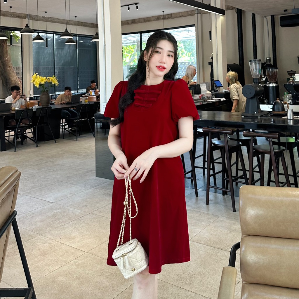 EVERMOM l Đầm bầu Shilla nhung đỏ kết nơ cổ liền tay bồng