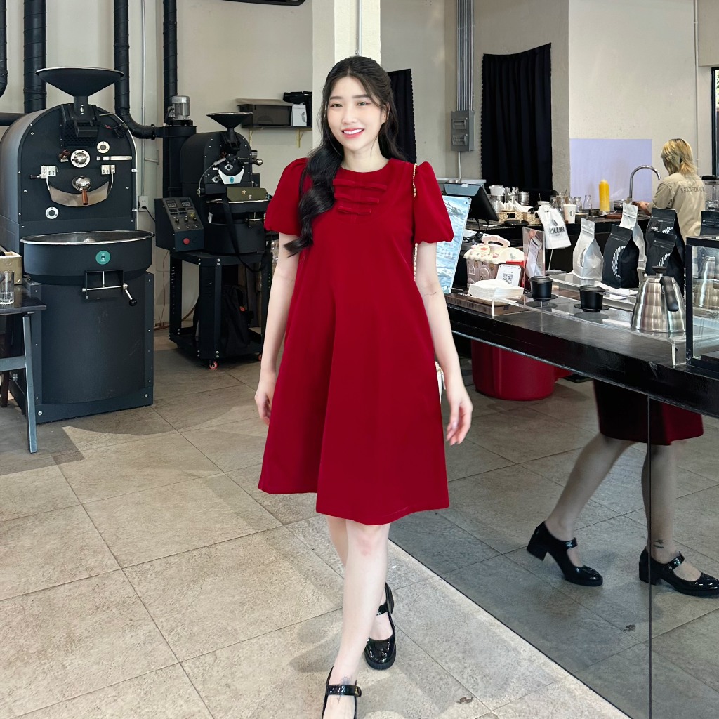 EVERMOM l Đầm bầu Shilla nhung đỏ kết nơ cổ liền tay bồng