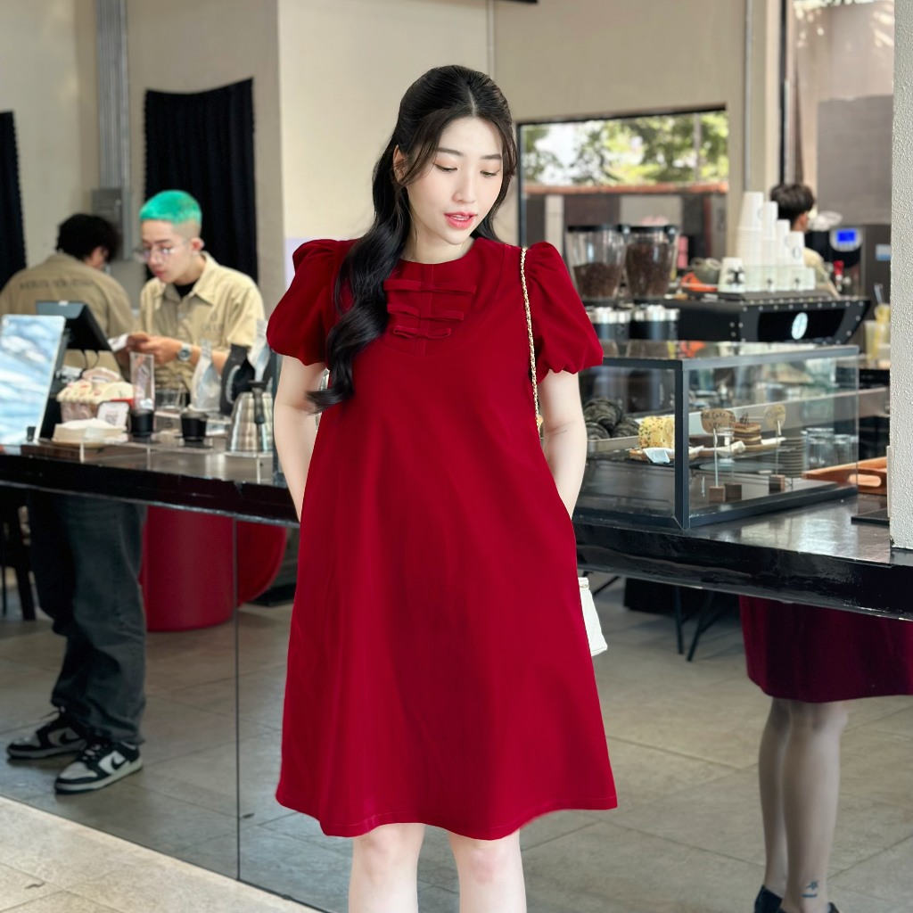 EVERMOM l Đầm bầu Shilla nhung đỏ kết nơ cổ liền tay bồng