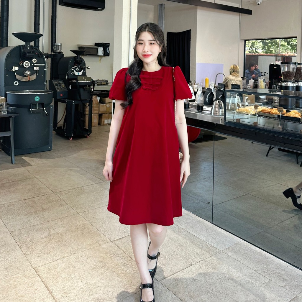 EVERMOM l Đầm bầu Shilla nhung đỏ kết nơ cổ liền tay bồng