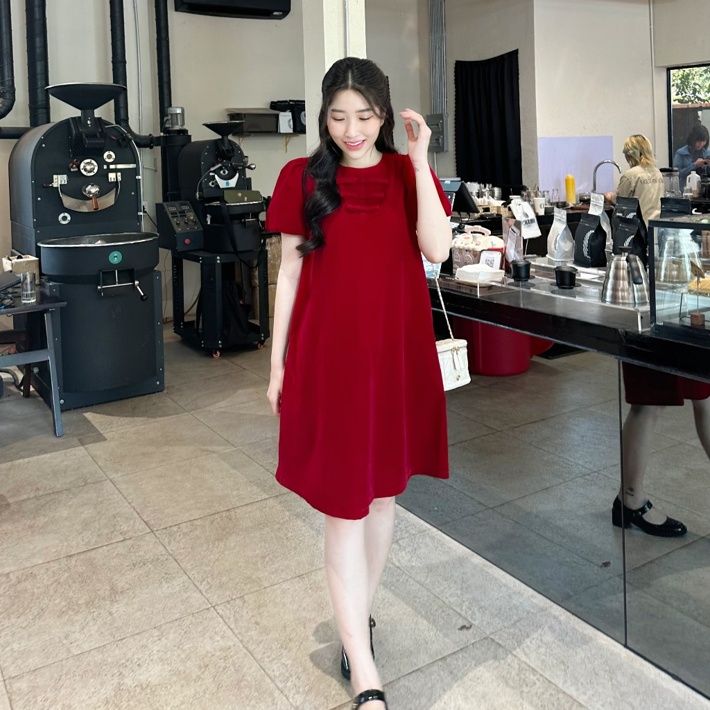 EVERMOM l Đầm bầu Shilla nhung đỏ kết nơ cổ liền tay bồng