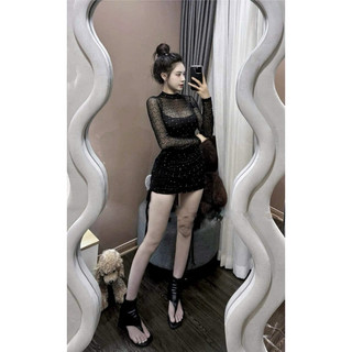 ĐẦM BODY PHỐI LƯỚI TAY DÀI RÚT HÔNG SEXY ( lưới nhũ )