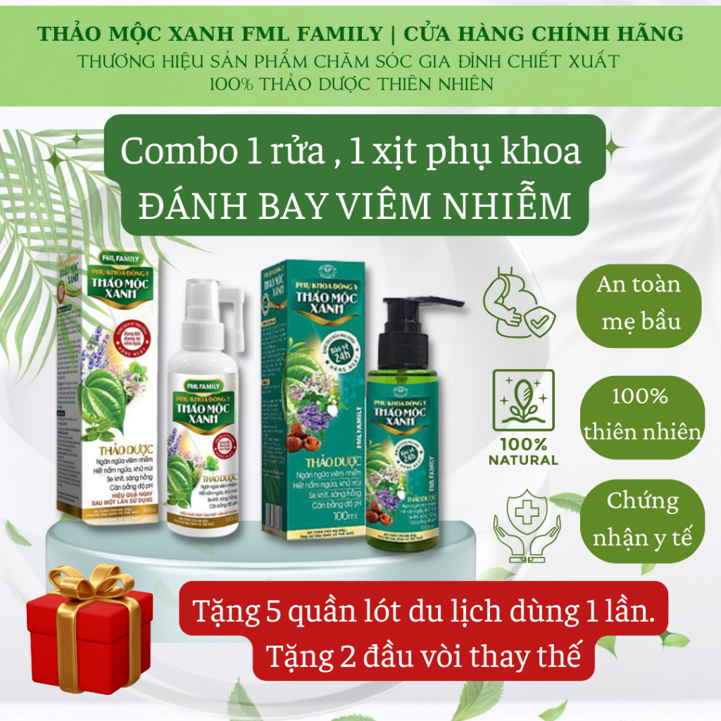 Đánh Bay vấn đề phụ khoa.Combo gồm 1 xịt và 1 rửa vệ sinh thảo dược 100ml. Chiết xuất hoàn toàn từ thảo dược Đông Y.