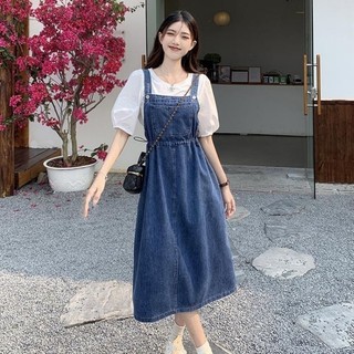 Đầm jeans yếm 2 dây dáng dài form chữ A lưng chun rút dây bên hông vintage cổ điển